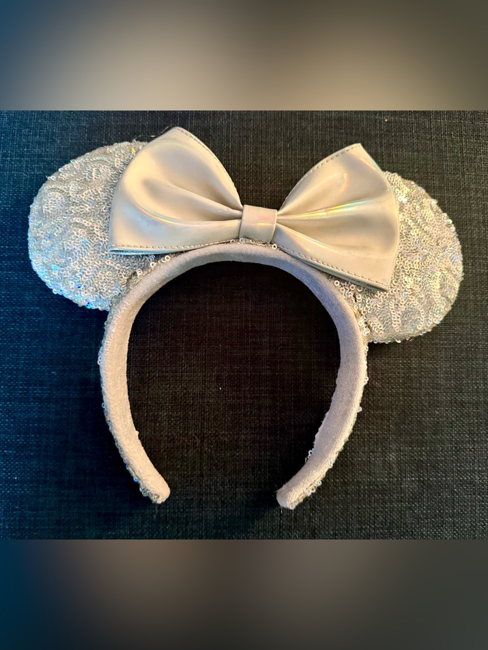 Disney Silver Sequin Minnie Ears with Iridescent  Bow Headband
